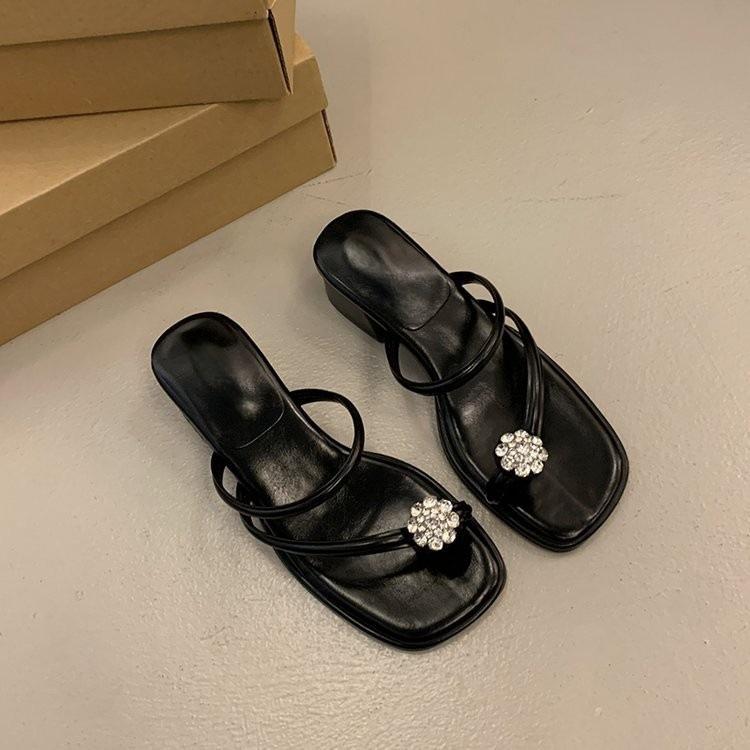 

Minimalist ins rhinestone sandals women s summer legs long fashion one-word drag comfortable versatile lightweight square heel cool slippers 35