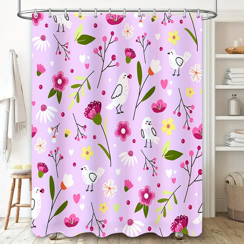Floral Birds Bath Shower Curtain Pink Decorative Waterproof Fabric Decoration for Home Bathroom Decor
