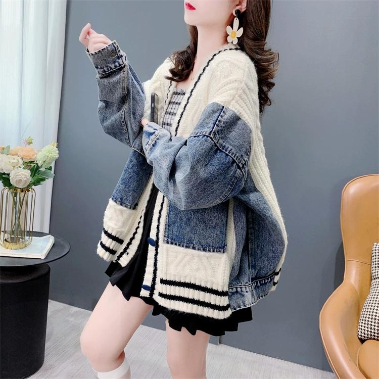 

DIMANAF 2025 Зимнее пальто Женская куртка Свитеры Джинсовый О-образный вырез Пуговицы Пэчворк Вязание Базовый Синий Модный Свободный Свитер One size чёрный