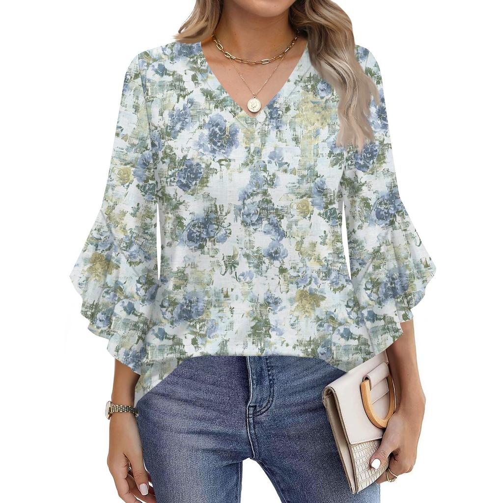 Blouses For Women Dressy Casual 3/4 Length Sleeve Womens Tops V Neck Tshirts Shirts With Flared Sleeve