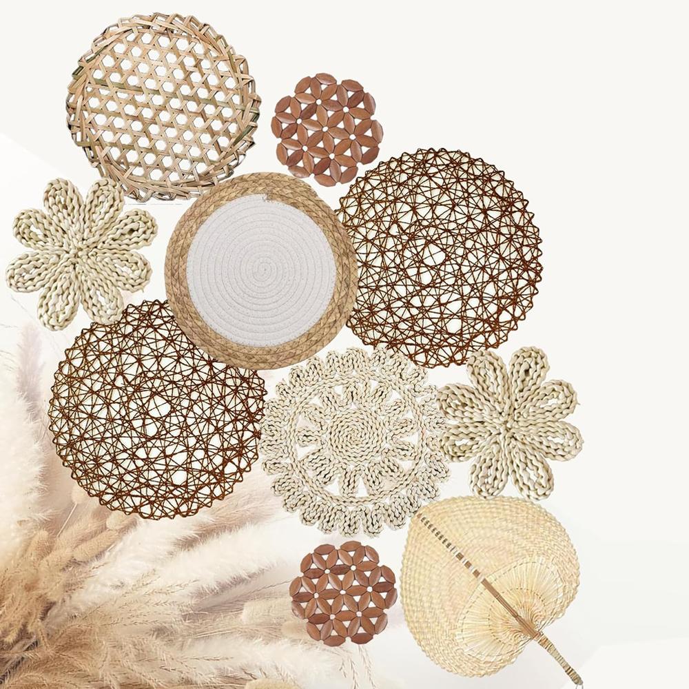 10 Adet Doğal Duvar Sepeti Dekor Boho Rattan Yuvarlak Duvar Dekoru El Yapımı Çiftlik Evi Duvar Askısı Dekor Yatak Odası Oturma Bebek Odası İçin