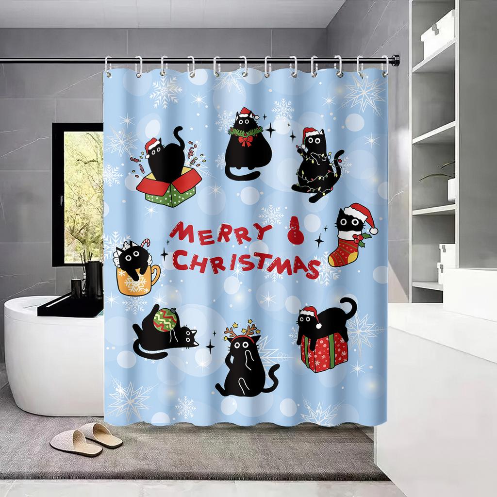 GAE1 Christmas black cat print waterproof shower partition privacy hanging curtain 12 hooks multi size decoration machine wash