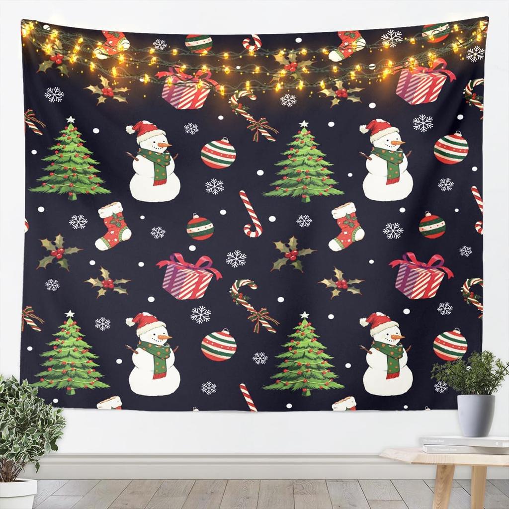 Cute Snowman Tapestry Kids Merry Christmas Wall Art for Bedroom Living Rooms Xmas Snowflake Wall Hanging Blanket Breathable