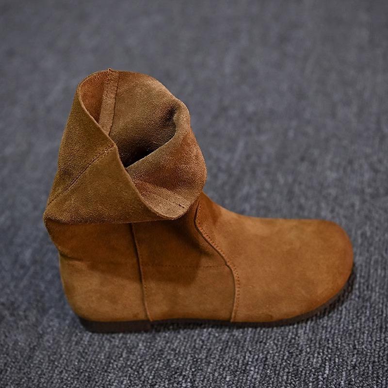 Two wear round head brown soft surface flat bottom short boots women's autumn and winter matte medium tube retro