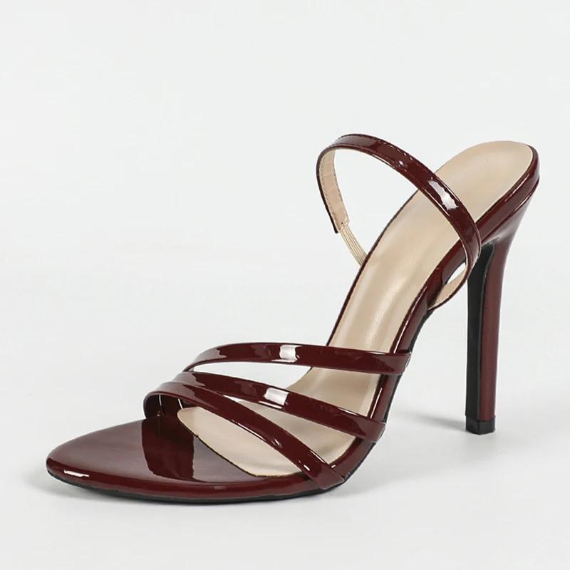 

Сексуальные сандалии-слипоны с задним ремешком, женские, из лакированной кожи, с узкой полоской, с открытым носком, гладиаторы, на высоком каблуке, летняя обувь, женский размер 43 35 вино красного