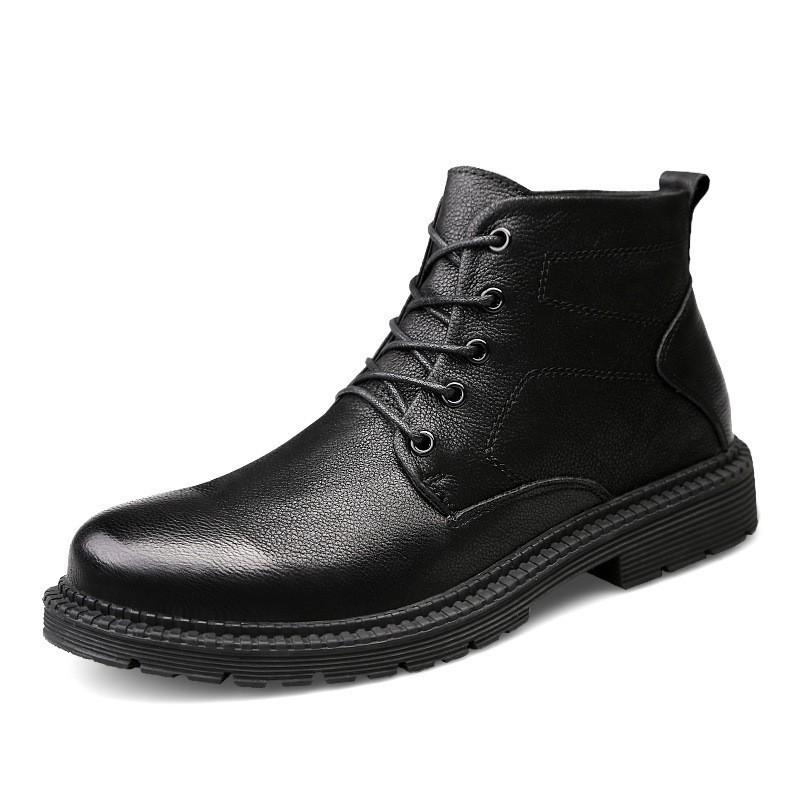 Fashion Men'S Medium Leather Boots Fashion Trend Casual Lace-Up Daily Men'S Shoes Cotton Warm Martin Boots