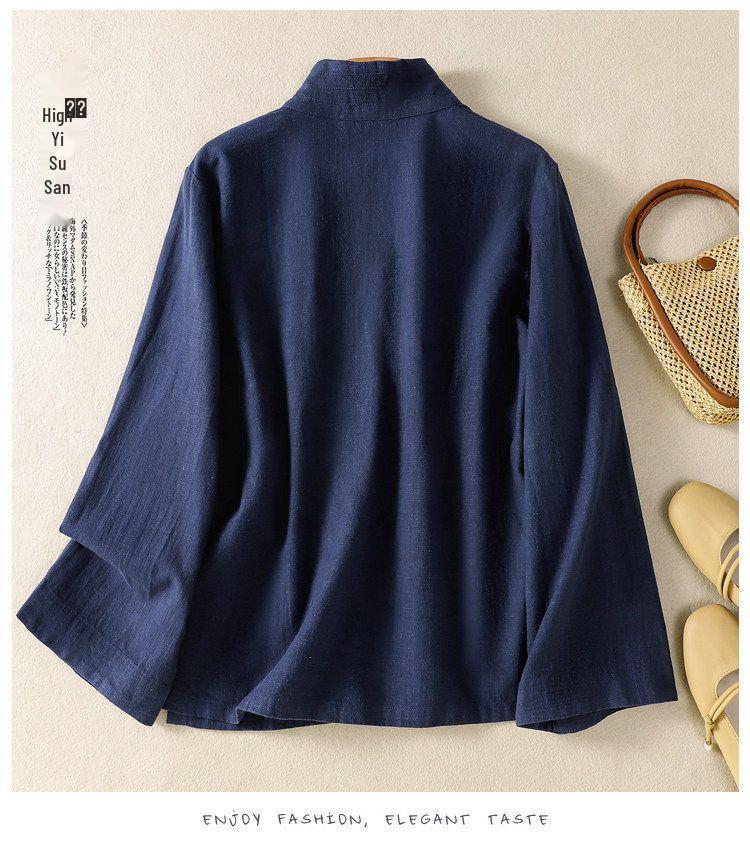 V-Neck Lace-Up Loose Slimming Chinese Style Cotton Linen Long-Sleeve Top for Spring/Summer