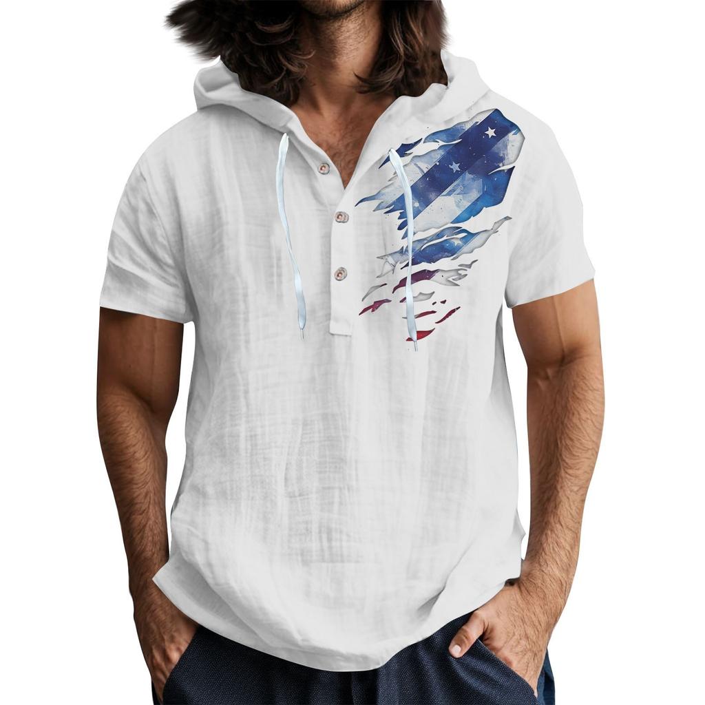 Men'S Casual Short Sleeved Hooded Top Buttoned Open Neck T-Shirt