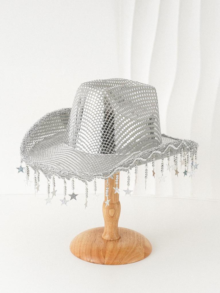 Unisex Sequin Tassel Star Cowboy Jazz Hat with Wide Brim