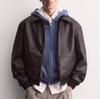 European and American men's clothing retro lapel collar black jacket/loose imitation leather jacket brown coat multi-pocket