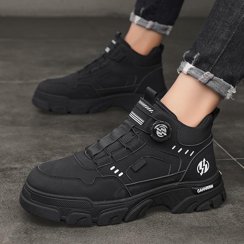 High-top Men's Shoes Leather Martin Boots Men's Autumn and Winter 2024 New Tooling Locomotive Shoes Men's Rotating Button Trendy Shoes