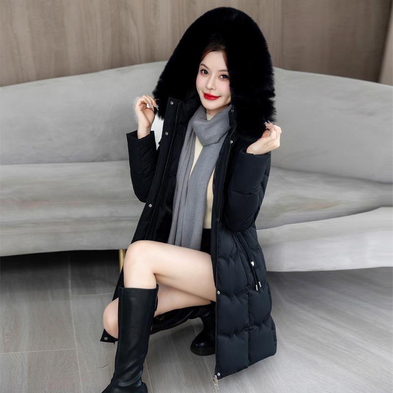 Large Size Waist Large Fur Collar New Winter Coat Long Hooded Cotton-padded Clothes Waist Rope Thin Thickened Cotton Clothes Women