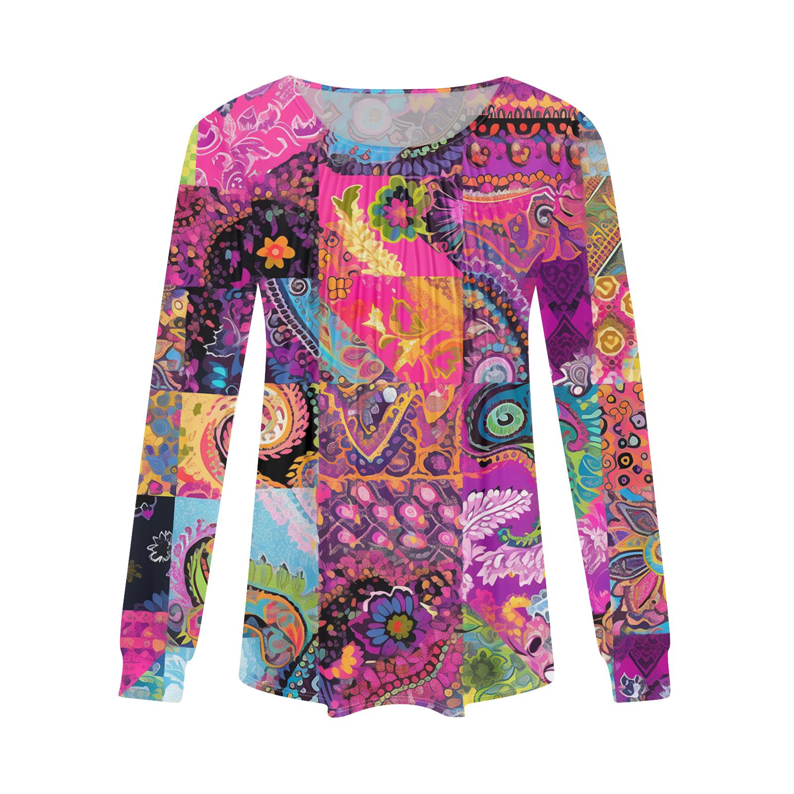 

Women s Fashion Casual Pleated Round Neck Vintage Floral Print Long Sleeve T,Shirt Top XL