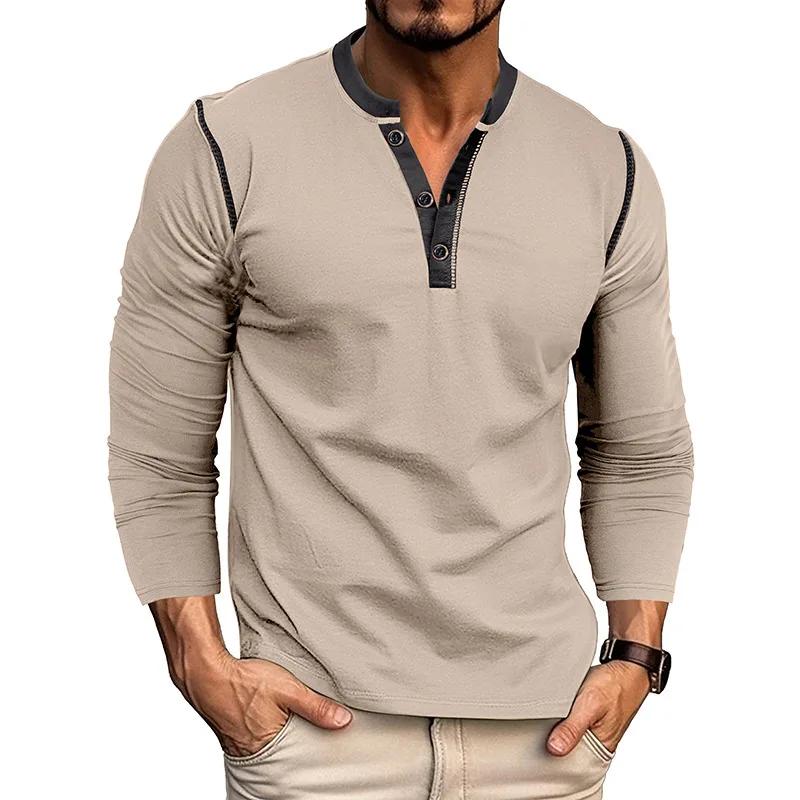 

Men S T-Shirts Casual Autumn Long Sleeve Henry Shirt For Men Retro Pure Color T-Shirt S хаки