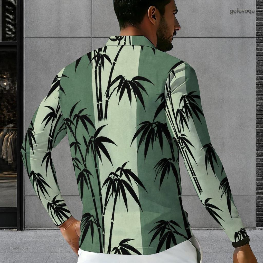 Men s Plus Size Quarter Zip Long Sleeve Collared Tropical Floral Printed Polo Shirt With Side Pockets
