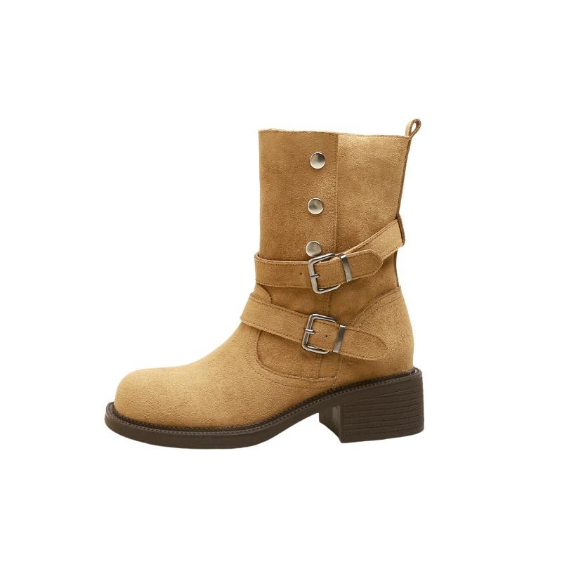 ~ Maillard Retro Faltbare Zwei-Trage-Stiefel mit dicker Sohle und Absatz für Damen, Herbst, runde Zehenpartie, dicker Absatz, dünne mittelhohe Stiefel