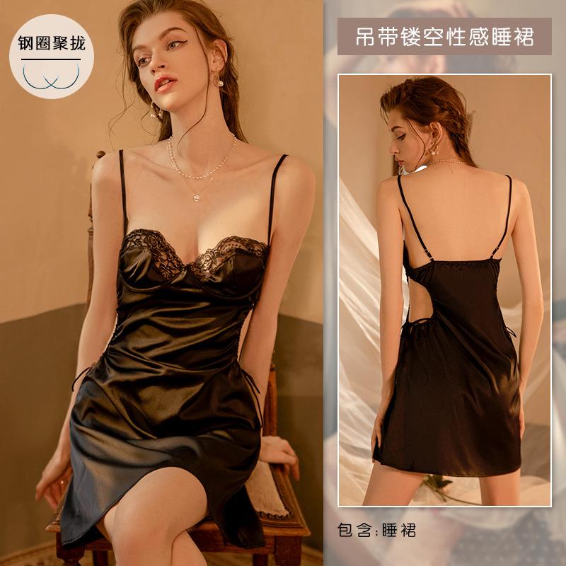 

Sexy pajamas women s autumn and winter loungewear light luxury velvet belt steel ring nightdress set pure desire temptation suspenders m [ 40~50kg ]