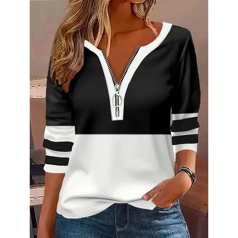 JKASHDK Women's Fashion Casual Spring Autumn Colour Block Print Long Sleeve V-Neck Blouses & Shirts