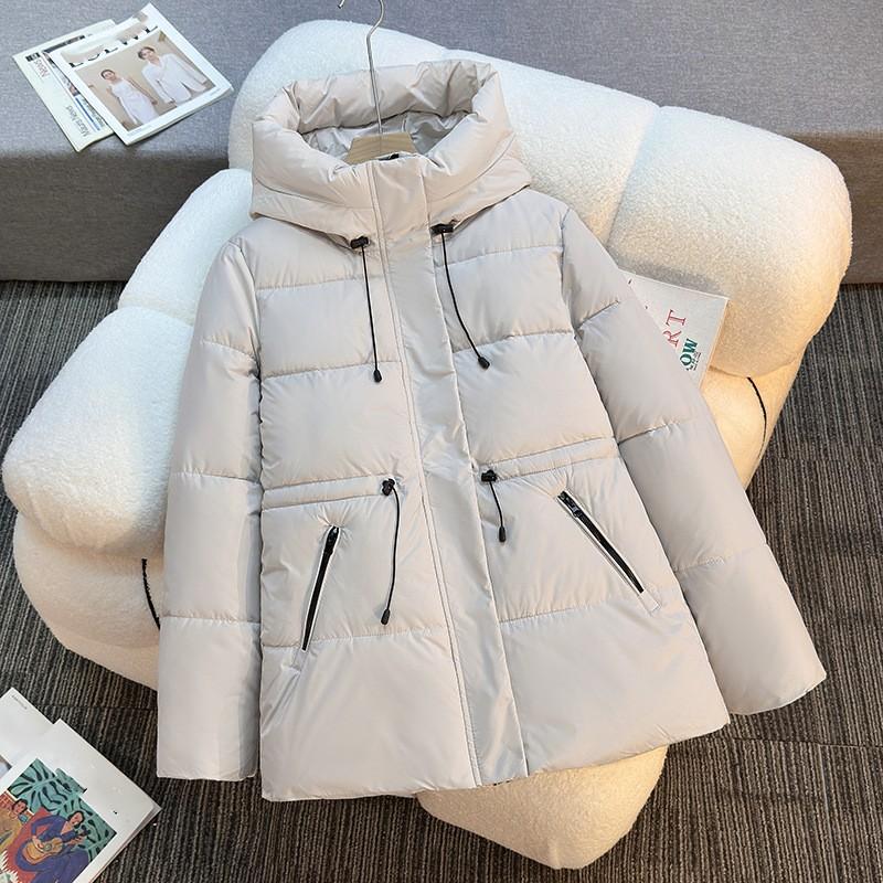 Damen Winter Mittellange Kapuzen Baumwolljacke: Einfarbige, minimalistische, dick gefütterte, figurschmeichelnde Jacke