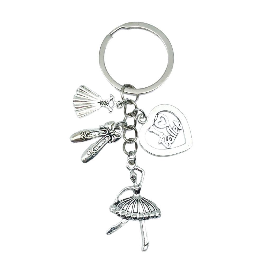 Antique Silver Ballet Girl Keychain with Heart Pendant - Elegant Dance Club Gift