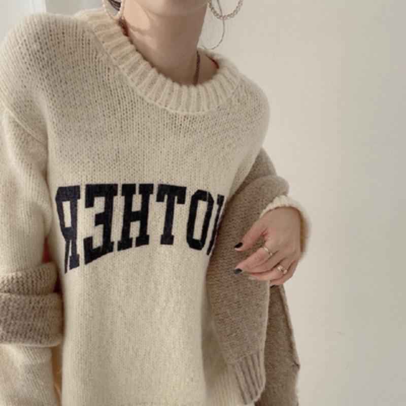Fashionable Candy-colored Sweater Women's Autumn and Winter Loose Lazy Wind Thickened Round Neck Letter Knit Sweater Comfortable and Versatile