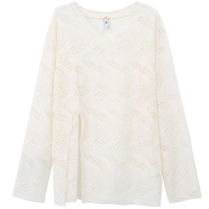 

Солнцезащитная блузка с полым разрезом, тонкая футболка с длинными рукавами, свободный женский топ средней длины, пуловеры Y2K, женский свитер S абрикосовый