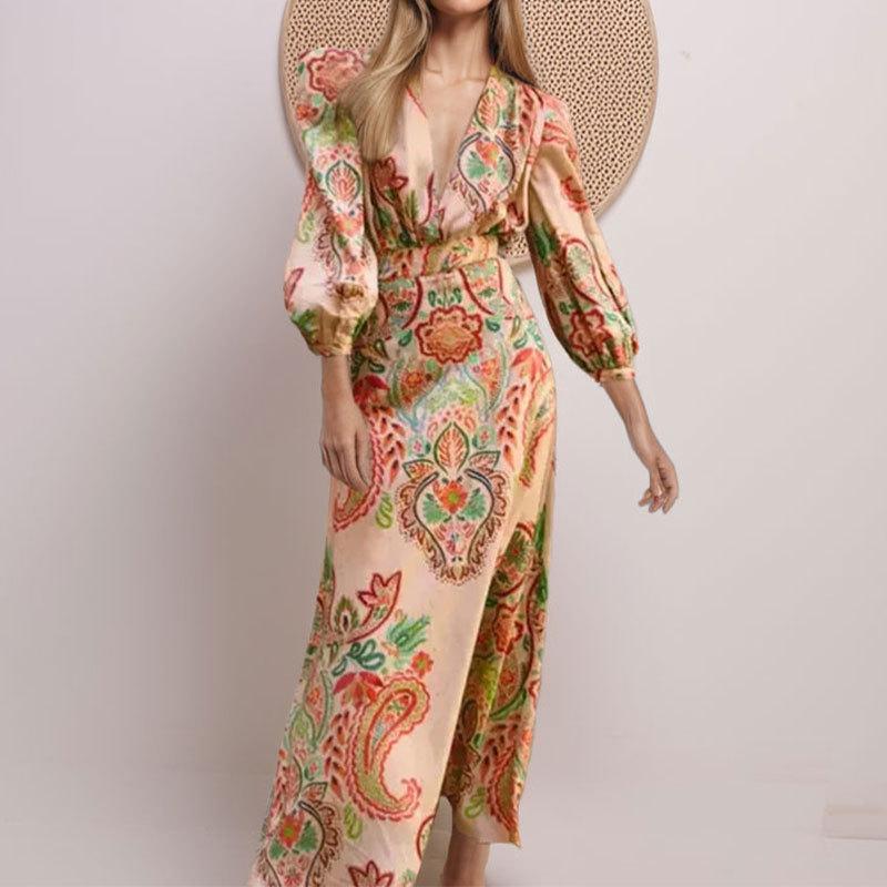 

Весенние женские этнические платья А-силуэта с V-образным вырезом и длинным рукавом, утягивающие талию 2XL