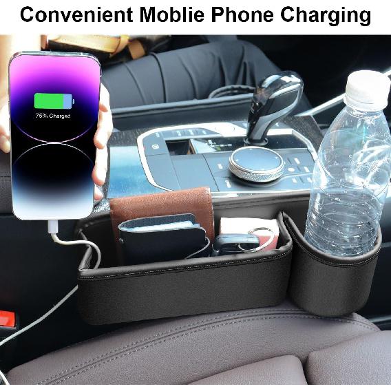 Car Seat Gap Filler Organizer With Cup Holder, 2 Pack Adjustable Leather Car Side Seat Storage Box, Multifunction Interior Storage Organizer For
