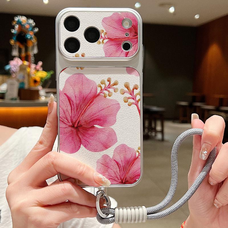 Watercolor Flowers Print Leather Lanyard Case For iPhone 18 Pro Max Hybrid TPU+PU Anti-skid Soft Cover For iPhone 17 16 15 14 13 Pro Max