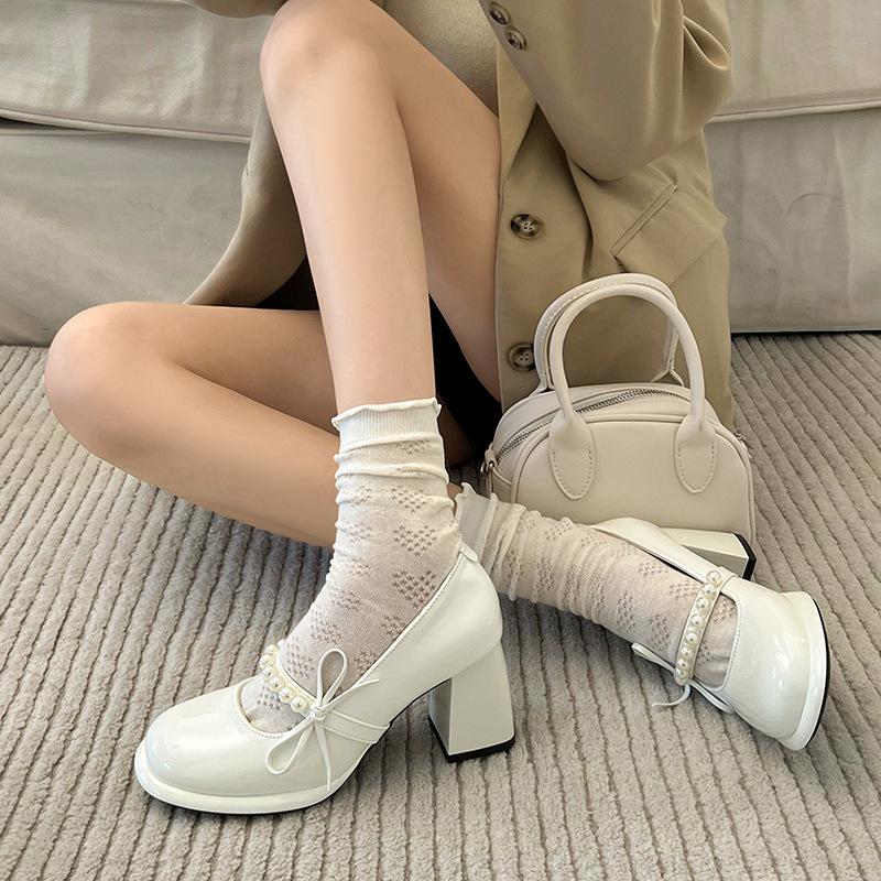 Casual Mary Jane Women's Shoes Summer New Bow Retro French High Heels Thick Heel Round Head Single Shoes Small Leather Shoes Women