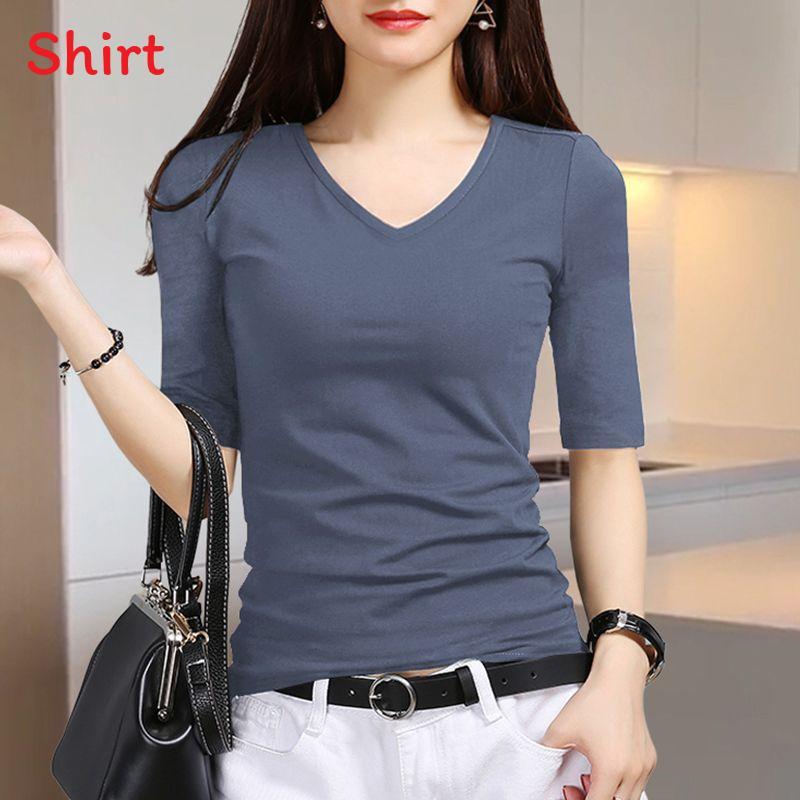 T Shirt For Women V Neck Short Sleeve Polyester Slim Fit Casual Summer Top