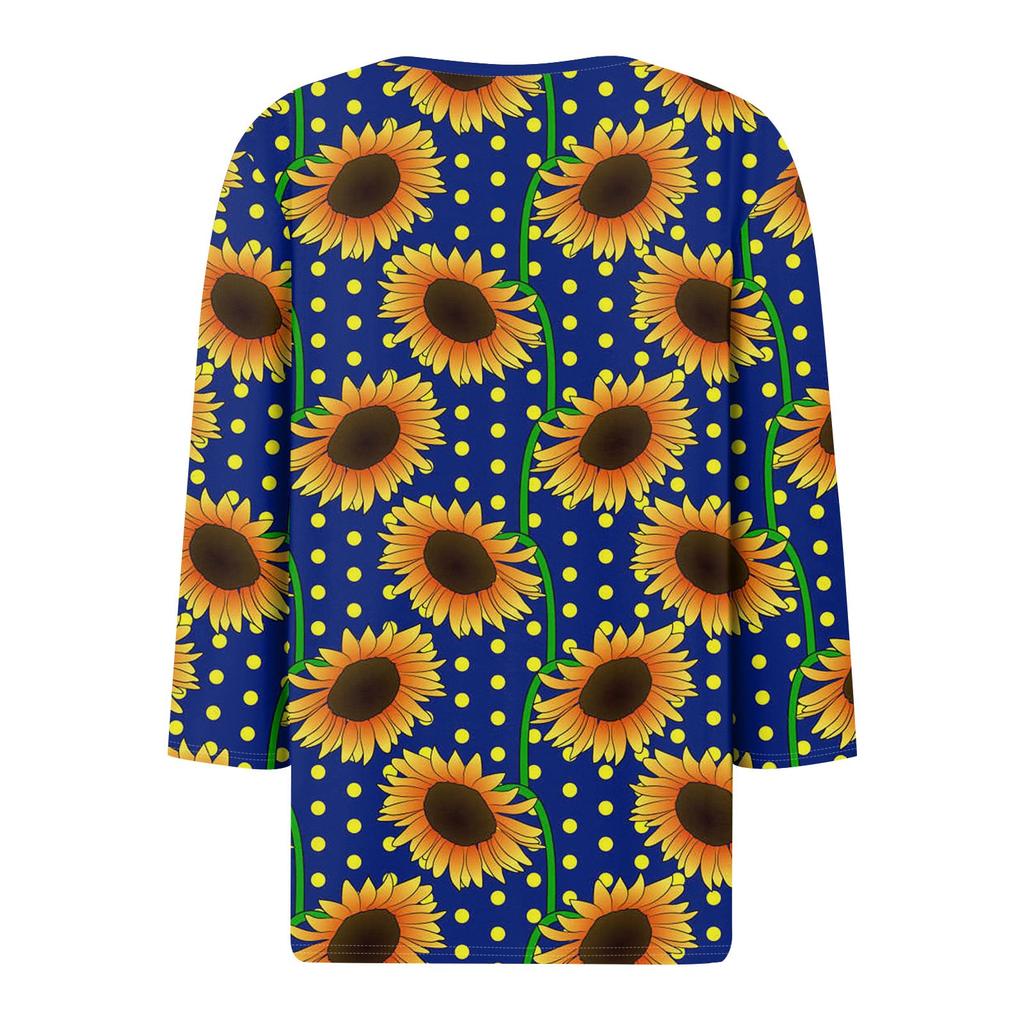 3/4 Length Sleeve Womens Tops Floral Print Vintage Fashion Casual Loose With V Neck Plus Size Shirts