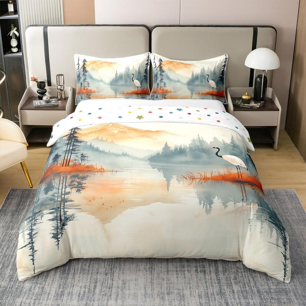 Comforter Hand-Painted Style Queen King Size Japanese Style Forest Mountain Bedding Set 3 Pcs With 2 S No Quilt