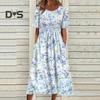 Women's Summer Short Sleeve Dress Casual Floral Print Round Neck Midi Dress with Pockets Flowy A-line Beach Sundress