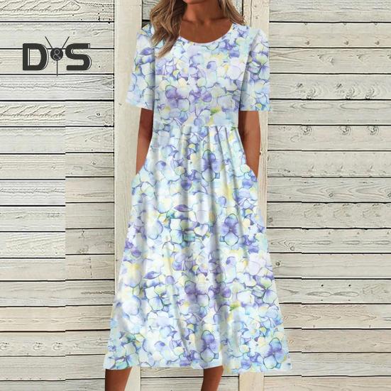 Women's Summer Short Sleeve Dress Casual Floral Print Round Neck Midi Dress with Pockets Flowy A-line Beach Sundress