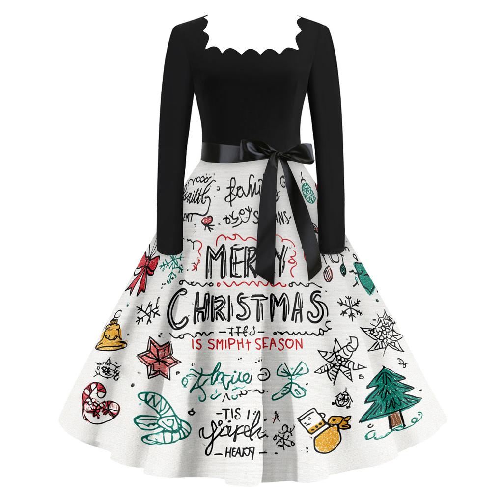 Women's Casual Fashion V Neck Christmas Printed Vintage Dress