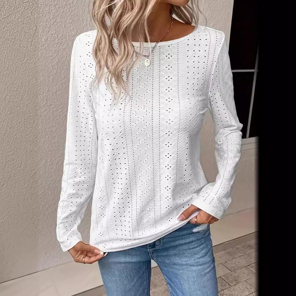 2024 Women's Mesh Jacquard Round Neck Long-Sleeve Casual T-Shirt for Autumn/Winter