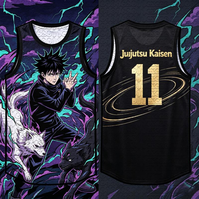 Unisex Zomer Sneldrogend Mesh Basketbal Mouwloos Vest Anime Jujutsu Kaisen Megumi Fushiguro Twin Wolf Thunder Kunstprint Top 3XL blue