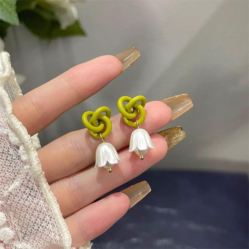 Trend Green Flower Knotted Lily of the Valley Pendant Earring for Women Zircon Christmas Girl Gift