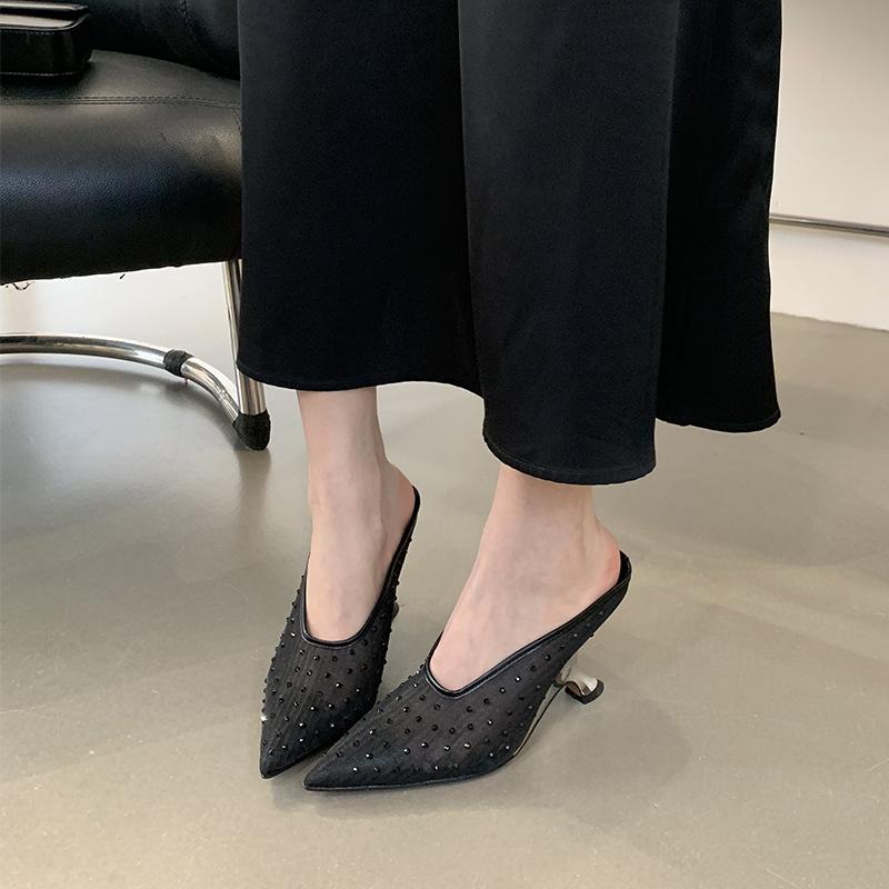 Fashion Fashion Crystal Sequined Air Mesh Women Pumps Slippers Pointed Toe Wedges High Heels Mules Spring Autumn Slingbacks Party Shoes