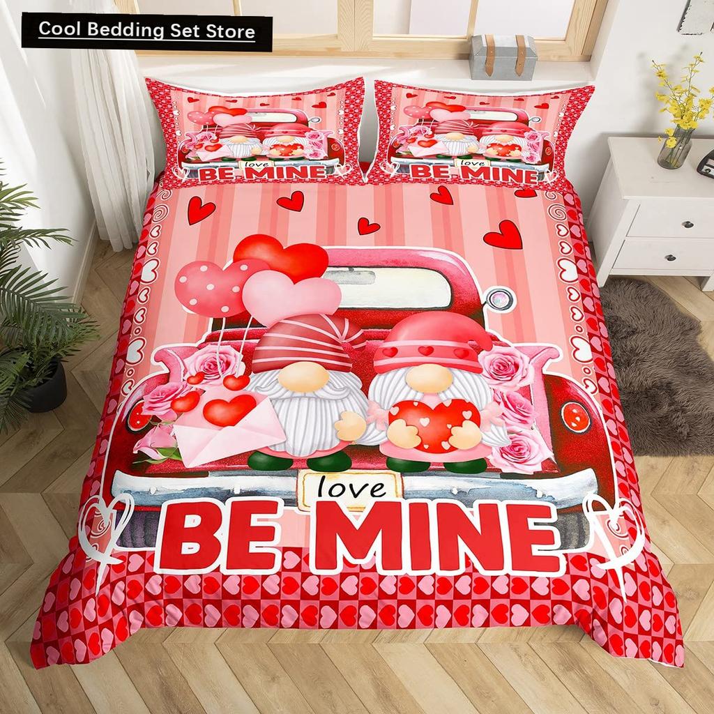 Valentinstag King Bettbezug Romantisches Bettwäsche-Set Kawaii Paar Wichtel Bettdeckenbezug Rosa Rosen Herzen Polyester Steppdeckenbezug