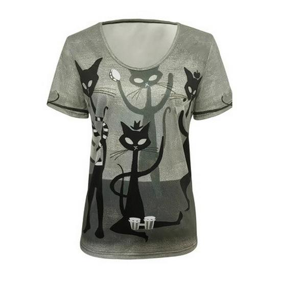 2025 Cartoon Kitten V-Neck Short Sleeve T-Shirt for Women - Spring/Summer Casual Top