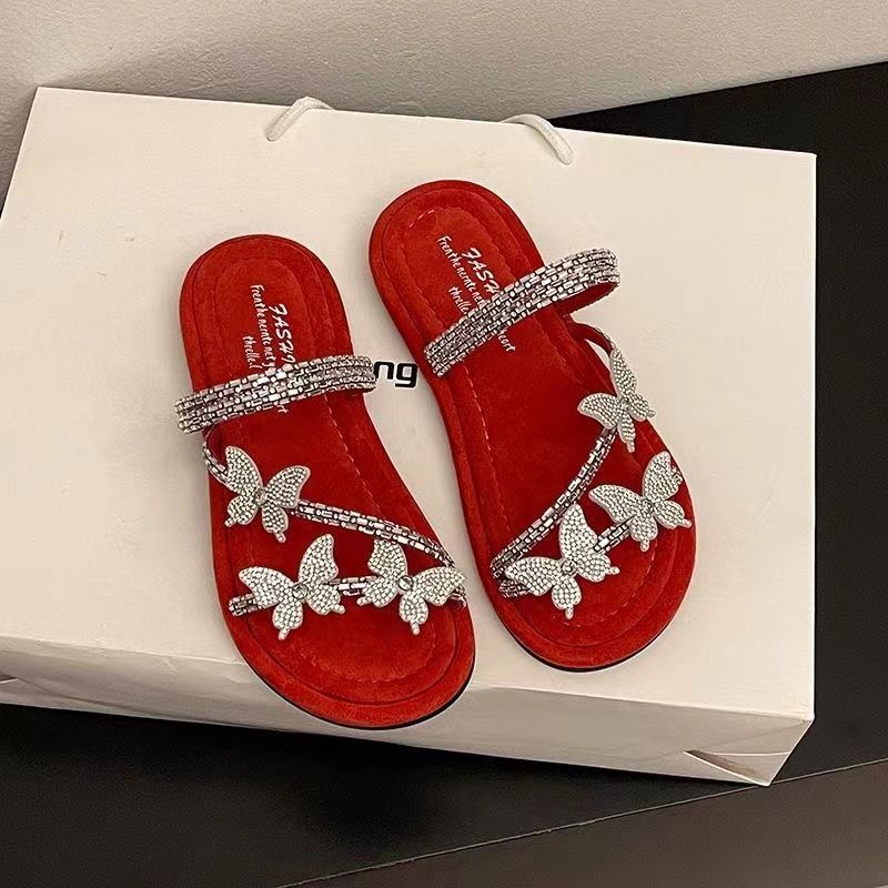 2025 Summer New Fashion Rhinestone Beach Wear Fairy Style Skirt Bow Flat Sandals Women's Slippers
