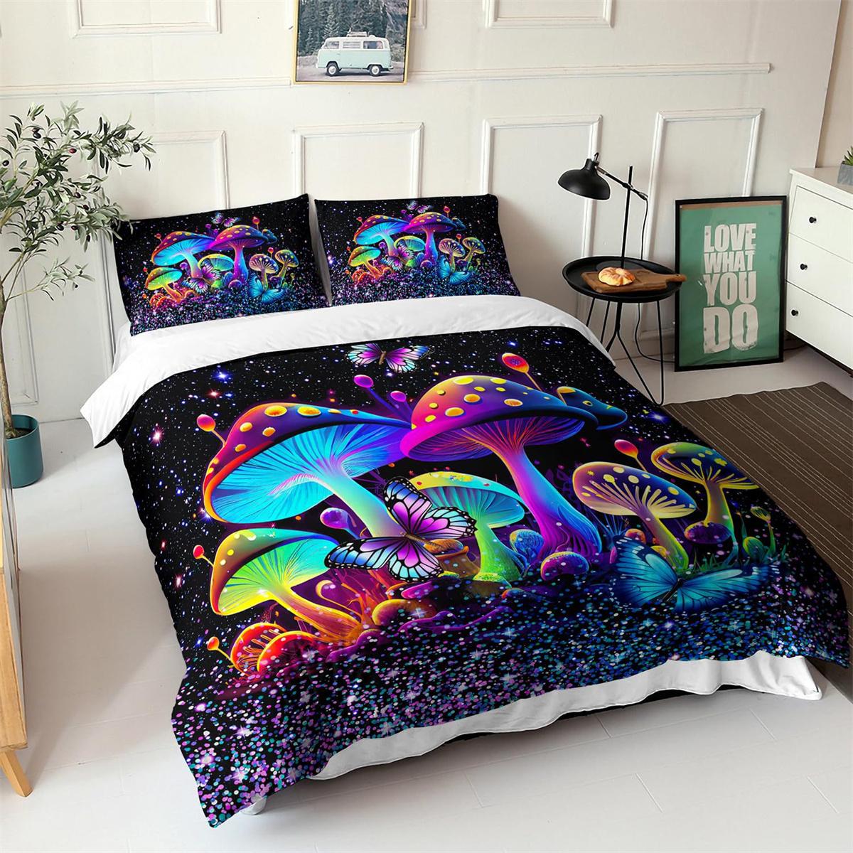 Flylo Unisex Colorful Psychedelic Mushroom Duvet Cover Comforter Bedding Set For Youth Girls Boys Gifts, Bedding Set With Pillowcase 75*50Cm