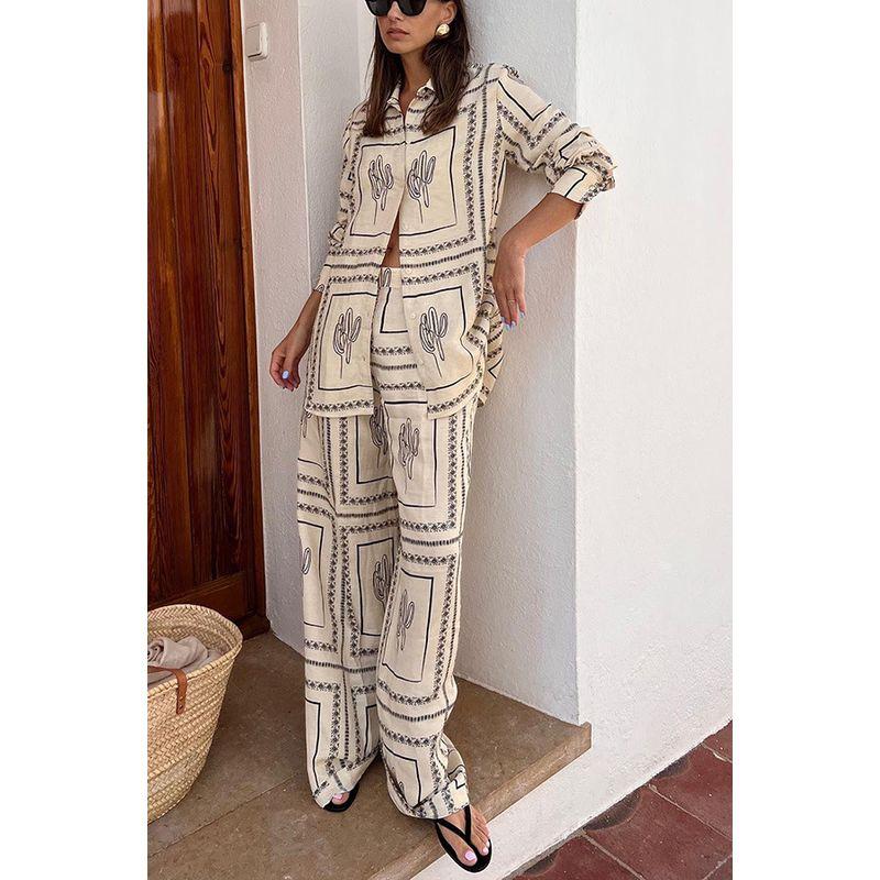 Long Sleeve Shirt Printed Pants Set Long Sleeve Shirts Print Trousers Set