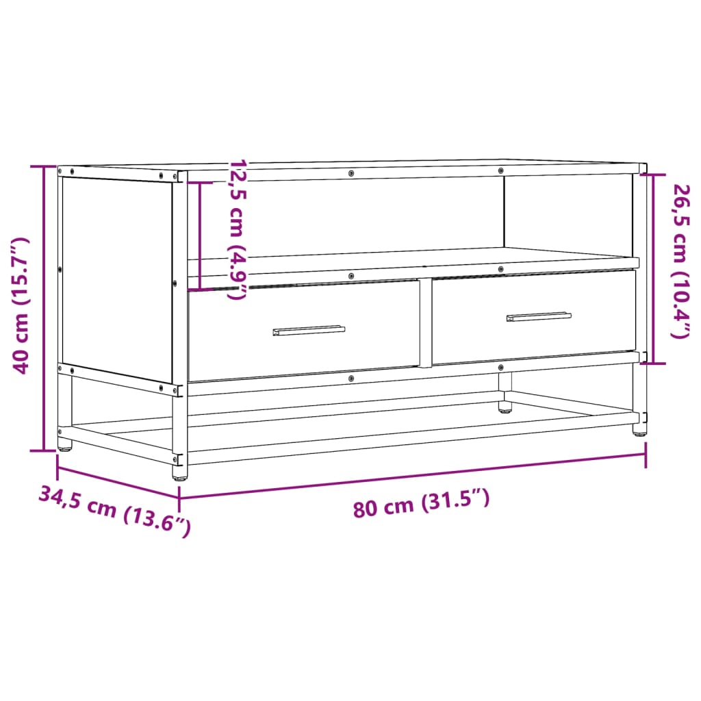 TV Stand in Smoked Oak 80 x 34.5 x 40 cm Engineered Wood and Metal