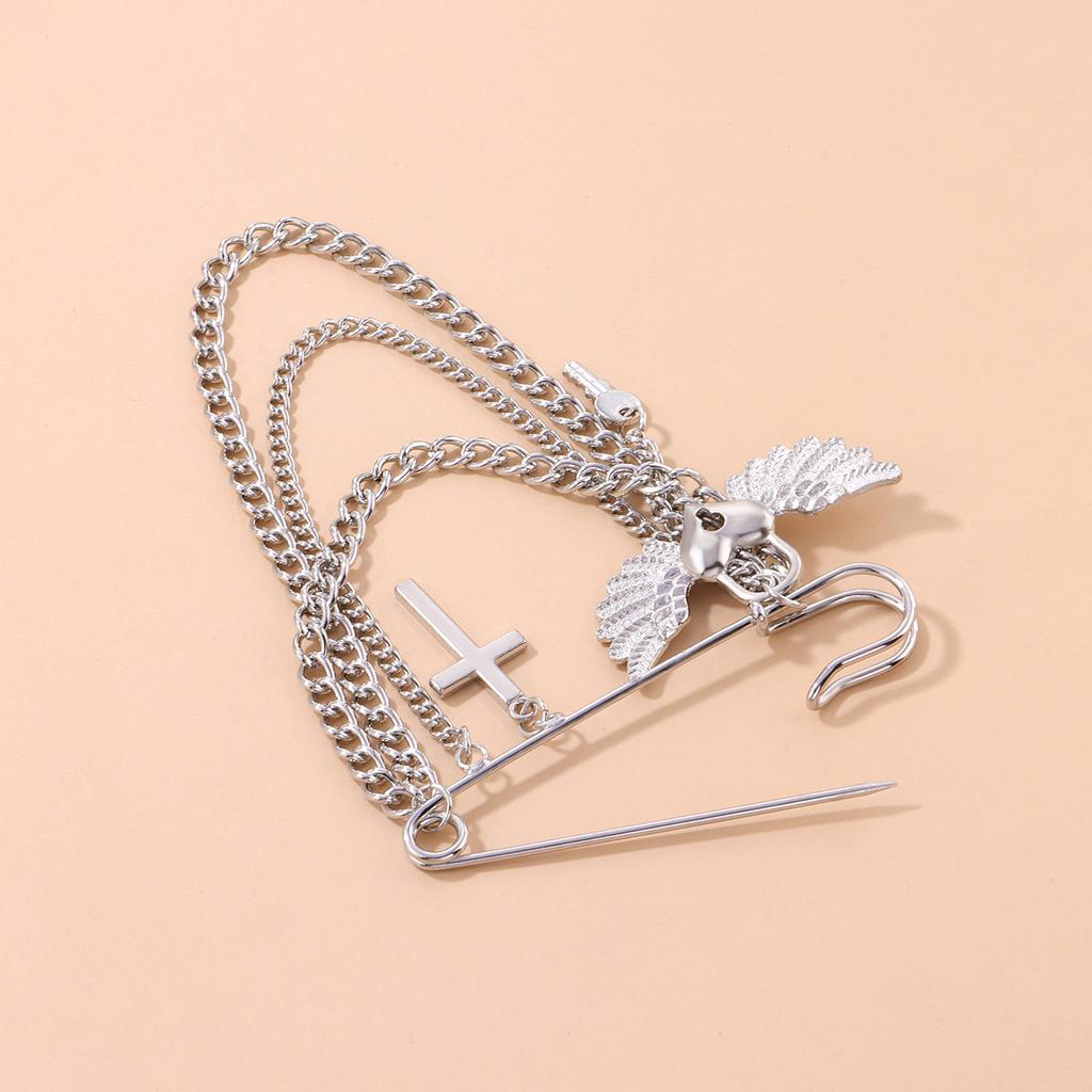 Love Lock Wing Brooch, Personalized Fashionable Chain Cross Pin Pendant