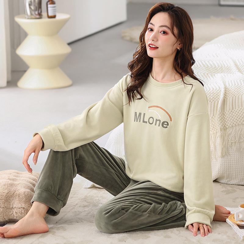 Island Fleece Pajamas Women'S Autumn And Winter Thin Fleece Coral Fleece Cute Pullover Loungewear Set