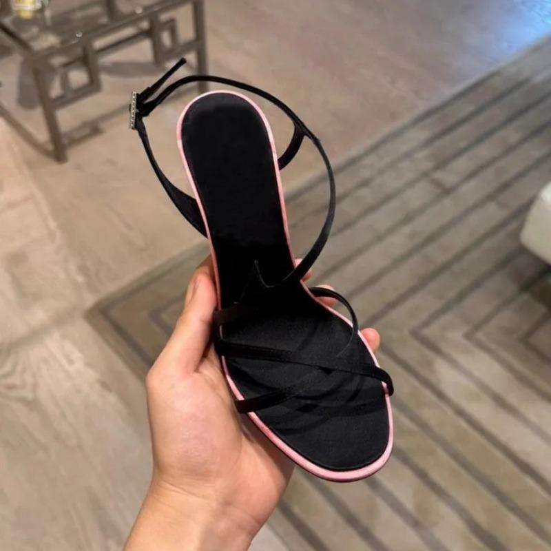 Satynowe Szpilki Fashionable High Heels Color Block z Jednym Paskiem 2026 Nowe Letnie Seksowne Sandały Temperamentne Wszechstronne