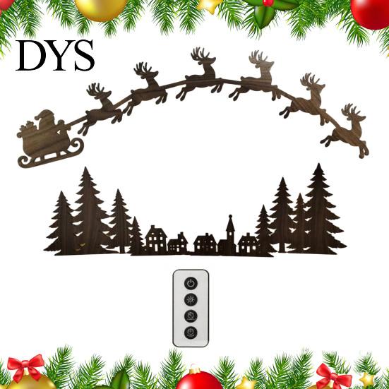 Wooden Christmas Wall Art Lighted Santa Sleigh Reindeer Decor with Remote, LED Flying Bedroom Decorative Night Light Art, Warm Backlit Peel And Stick